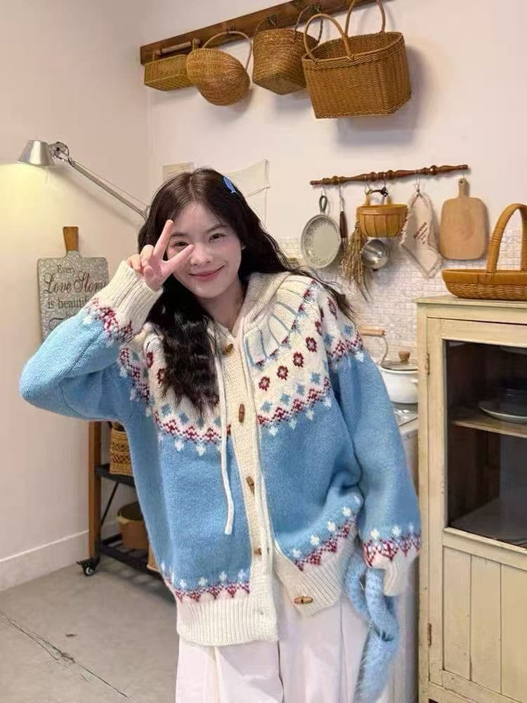 크리스마스 공정한 섬 후드 펌프 로프 배색 자카드 스웨터 여성 코트 봄 가을 겨울 두꺼운 캐주얼 니트 스웨터 오픈 가디건 이미지 2