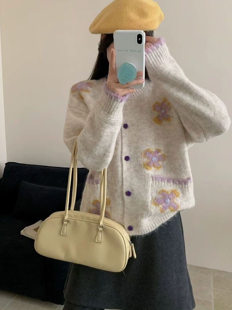 한 부서 달콤함 배색 꽃 스웨터 여성 코트 가을 겨울 의류 새로운 루즈핏 부드러운 바람 연령 감소 니트 오픈 가디건 이미지 2