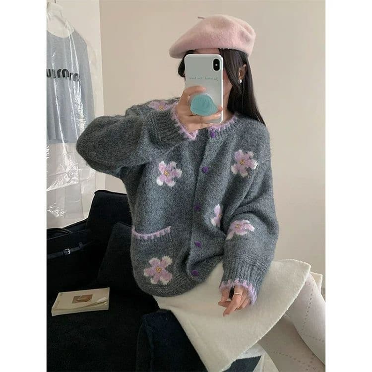 한 부서 달콤함 배색 꽃 스웨터 여성 코트 가을 겨울 의류 새로운 루즈핏 부드러운 바람 연령 감소 니트 오픈 가디건 상세 이미지 3