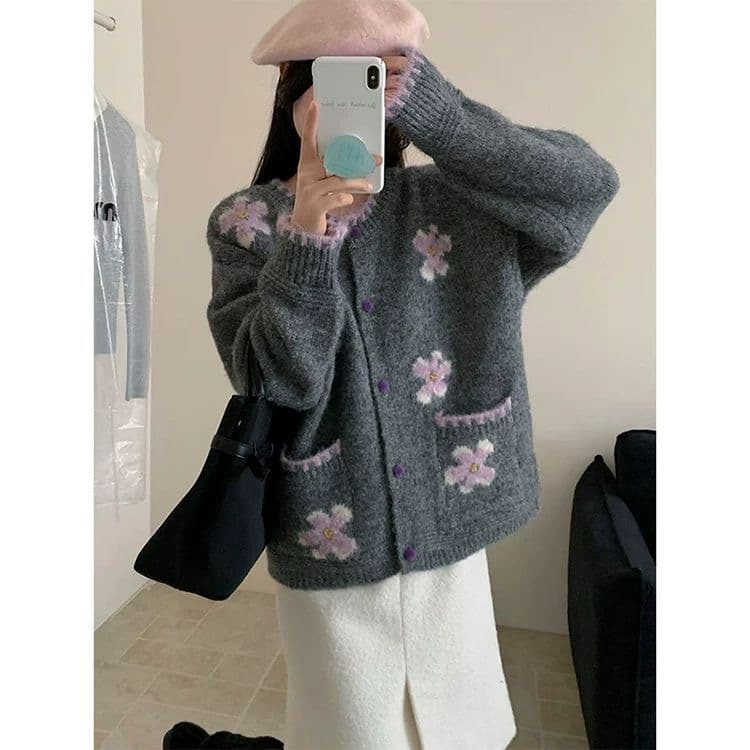 한 부서 달콤함 배색 꽃 스웨터 여성 코트 가을 겨울 의류 새로운 루즈핏 부드러운 바람 연령 감소 니트 오픈 가디건 상세 이미지 4