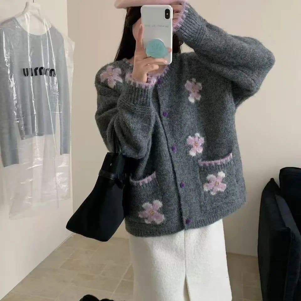 한 부서 달콤함 배색 꽃 스웨터 여성 코트 가을 겨울 의류 새로운 루즈핏 부드러운 바람 연령 감소 니트 오픈 가디건 상세 이미지 5