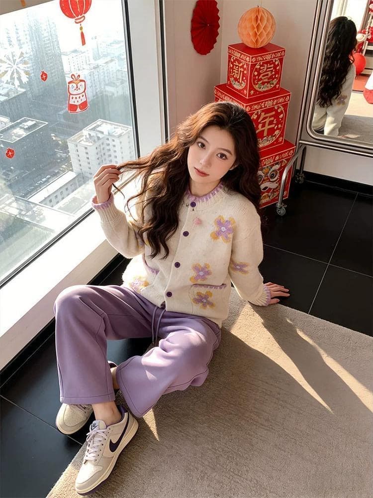 한 부서 달콤함 배색 꽃 스웨터 여성 코트 가을 겨울 의류 새로운 루즈핏 부드러운 바람 연령 감소 니트 오픈 가디건 상세 이미지 6