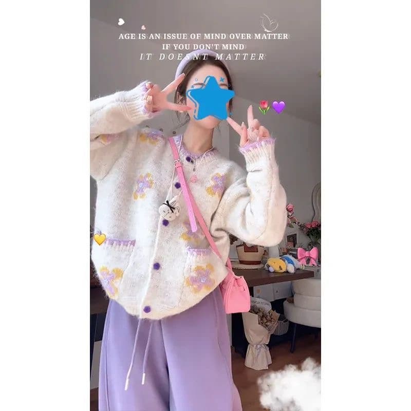 한 부서 달콤함 배색 꽃 스웨터 여성 코트 가을 겨울 의류 새로운 루즈핏 부드러운 바람 연령 감소 니트 오픈 가디건 상세 이미지 8