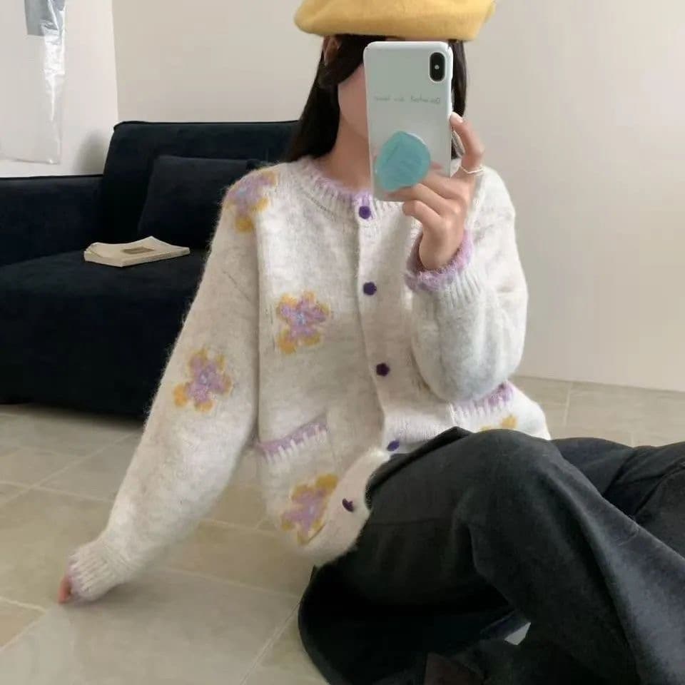 한 부서 달콤함 배색 꽃 스웨터 여성 코트 가을 겨울 의류 새로운 루즈핏 부드러운 바람 연령 감소 니트 오픈 가디건 상세 이미지 11