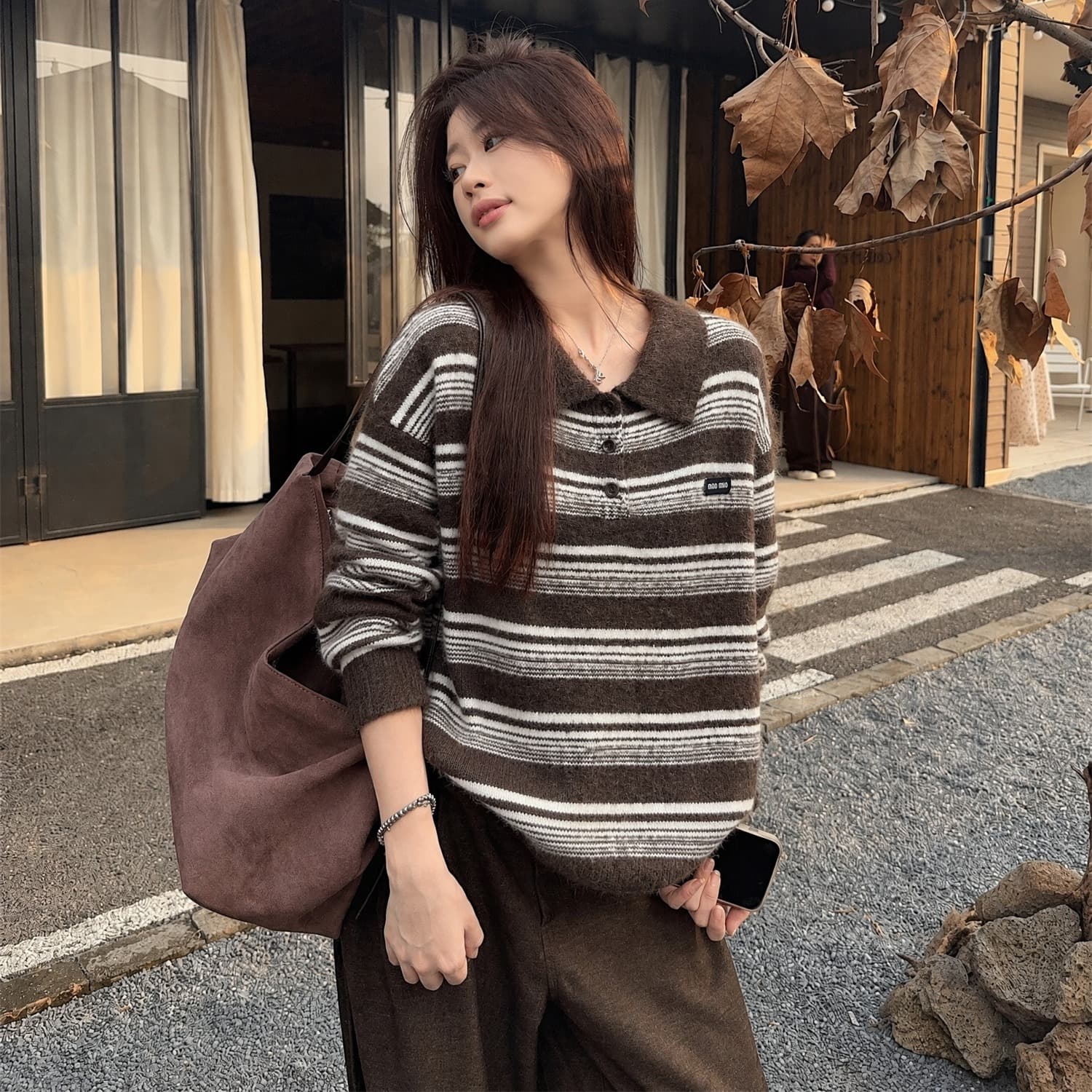이른 가을 폴로 칼라 스트라이프 레트로 아메리칸 품격 니트 스웨터 긴팔 스웨터