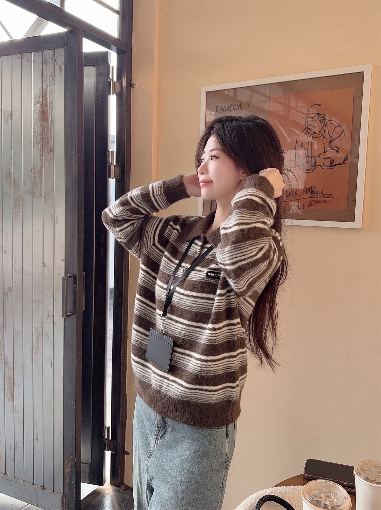 이른 가을 폴로 칼라 스트라이프 레트로 아메리칸 품격 니트 스웨터 긴팔 스웨터 상세 이미지 6