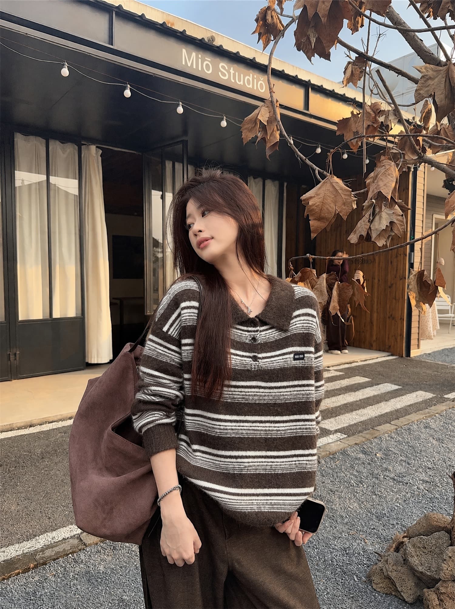 이른 가을 폴로 칼라 스트라이프 레트로 아메리칸 품격 니트 스웨터 긴팔 스웨터 상세 이미지 10