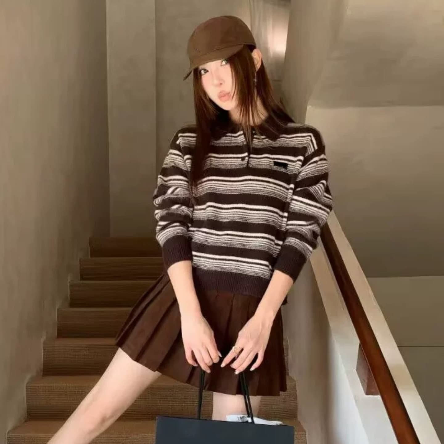 이른 가을 폴로 칼라 스트라이프 레트로 아메리칸 품격 니트 스웨터 긴팔 스웨터 상세 이미지 11