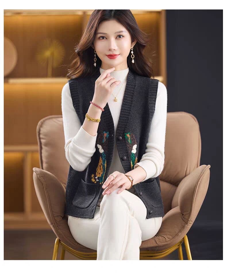 레트로 자카드 V넥 니트 조끼 여자 가을 민소매 오픈 가디건 조끼 패션 외국 가스 베스트 재킷 상세 이미지 6