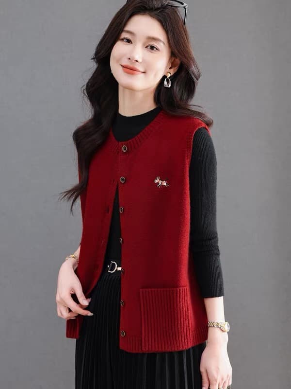 봄 가을 새로운 카디건 라운드 넥 민소매 베스트 여성 코트 오픈 가디건 쇼트 스타일 싱글 줄 버튼 더블 주머니 루즈핏 이미지 2