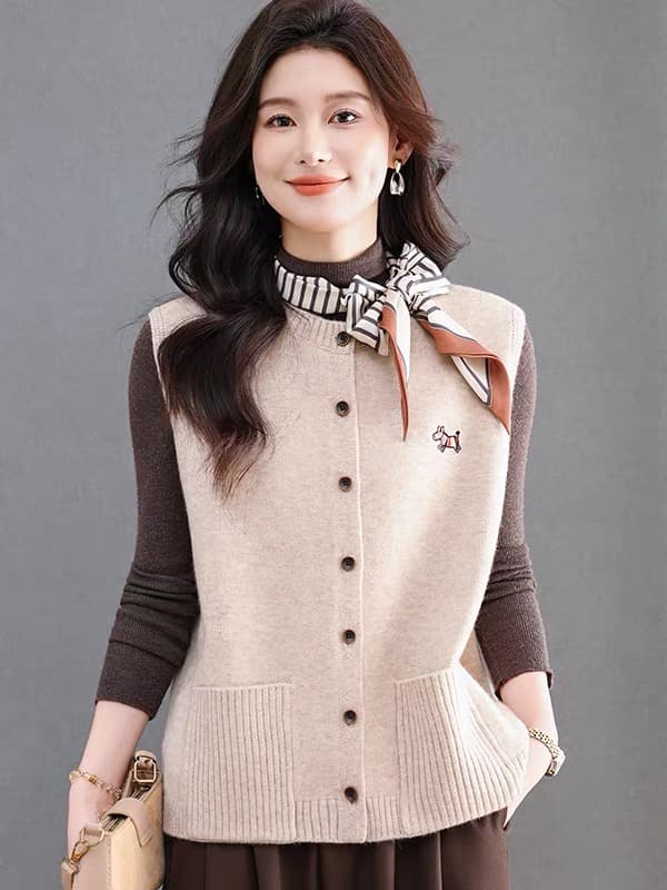 봄 가을 새로운 카디건 라운드 넥 민소매 베스트 여성 코트 오픈 가디건 쇼트 스타일 싱글 줄 버튼 더블 주머니 루즈핏 상세 이미지 2