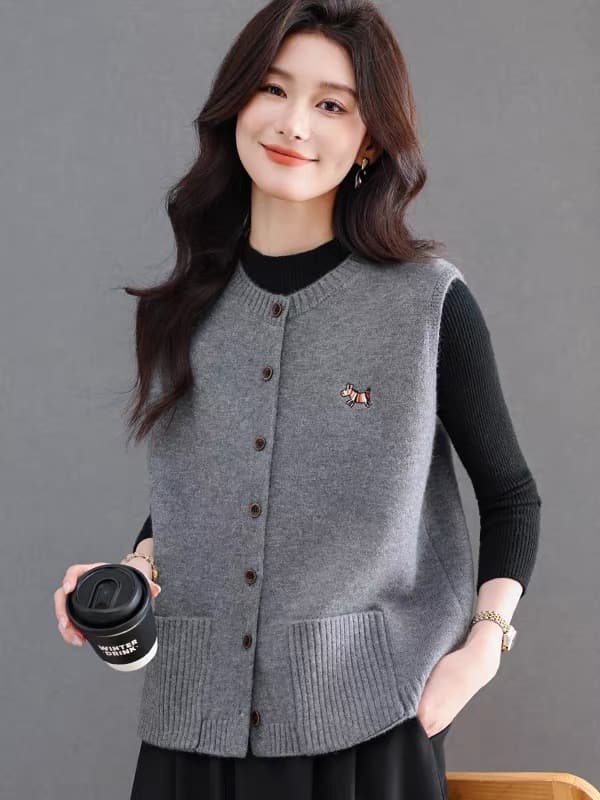 봄 가을 새로운 카디건 라운드 넥 민소매 베스트 여성 코트 오픈 가디건 쇼트 스타일 싱글 줄 버튼 더블 주머니 루즈핏 상세 이미지 4