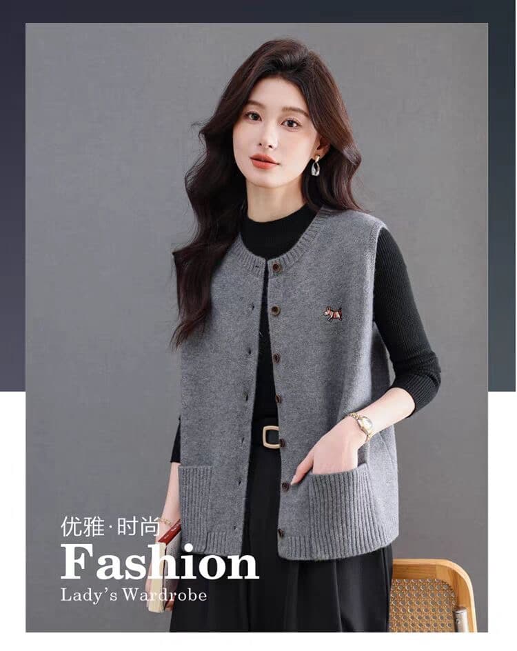 봄 가을 새로운 카디건 라운드 넥 민소매 베스트 여성 코트 오픈 가디건 쇼트 스타일 싱글 줄 버튼 더블 주머니 루즈핏 상세 이미지 6