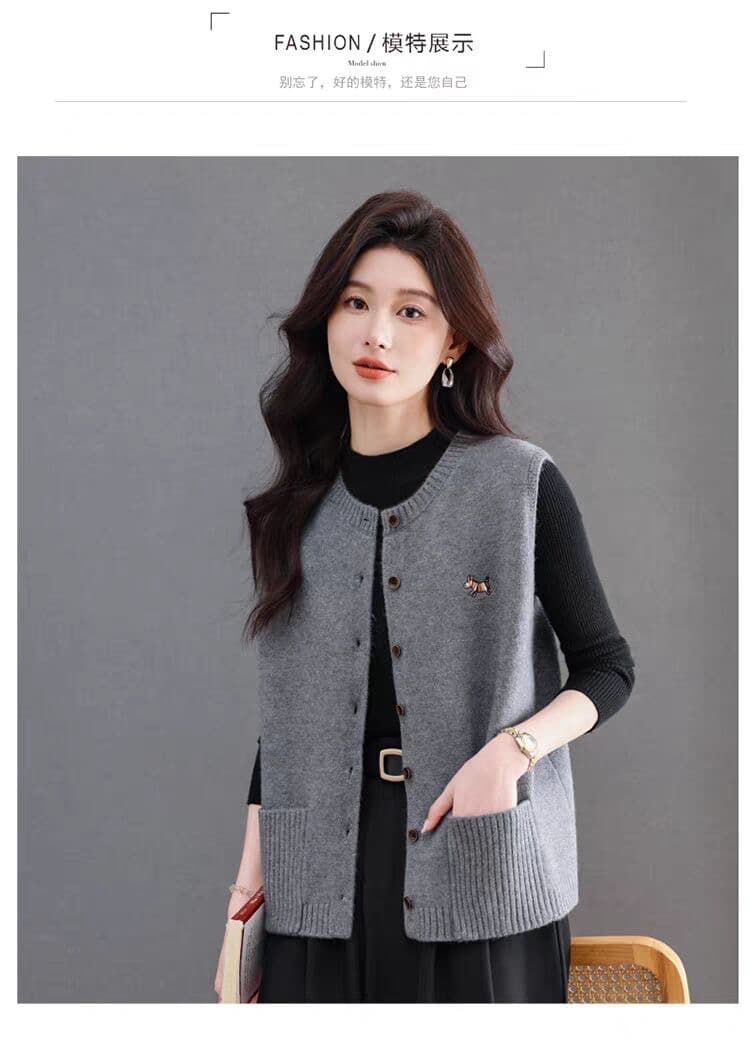 봄 가을 새로운 카디건 라운드 넥 민소매 베스트 여성 코트 오픈 가디건 쇼트 스타일 싱글 줄 버튼 더블 주머니 루즈핏 상세 이미지 11