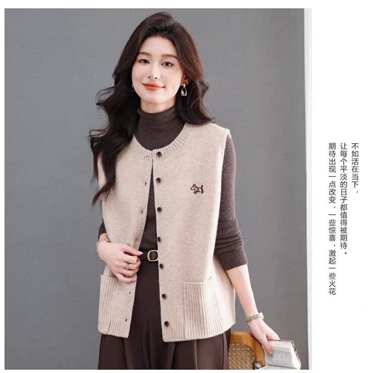 봄 가을 새로운 카디건 라운드 넥 민소매 베스트 여성 코트 오픈 가디건 쇼트 스타일 싱글 줄 버튼 더블 주머니 루즈핏 상세 이미지 18