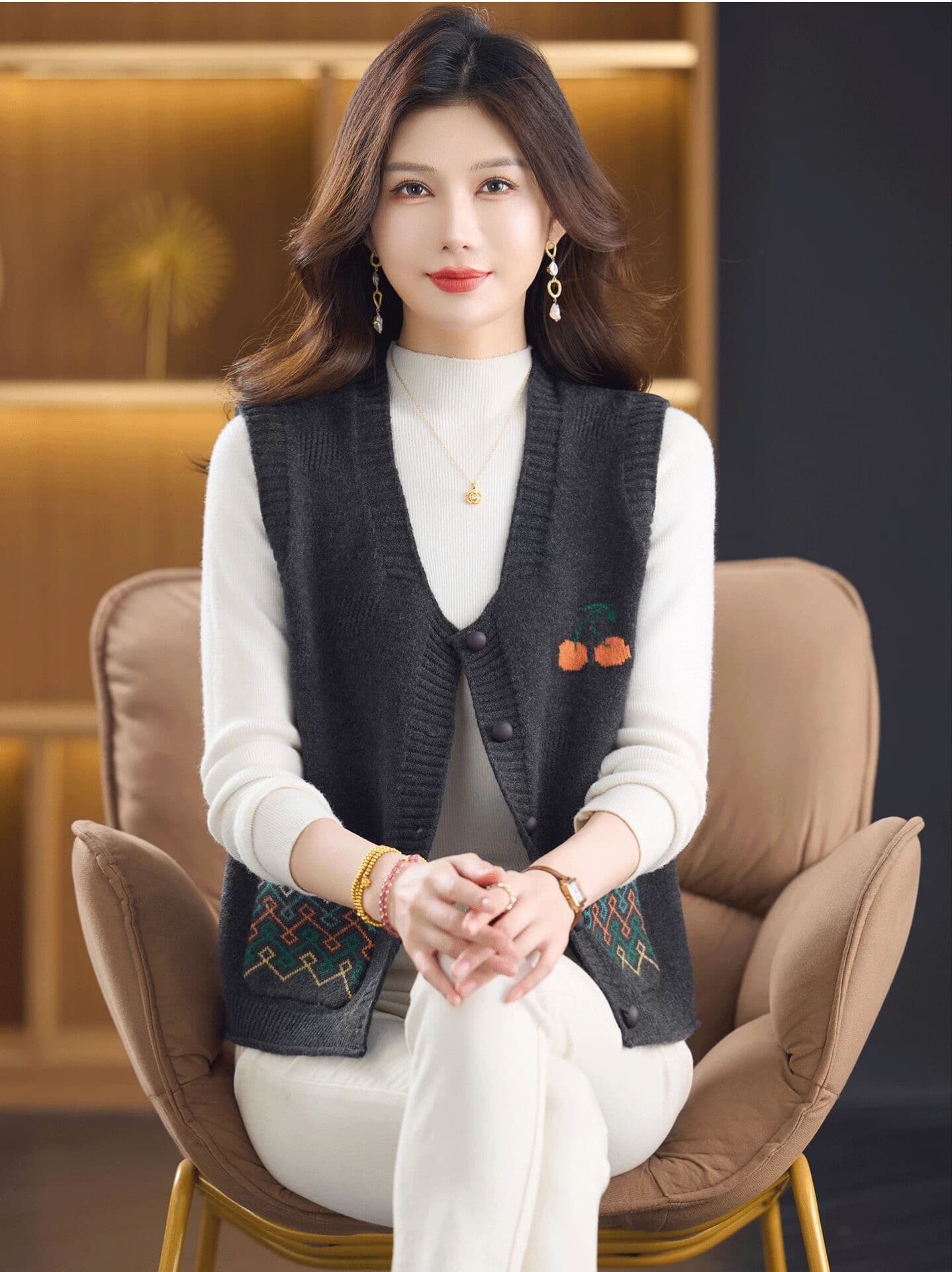 자카드 V넥 니트 베스트 오픈 가디건 여성 봄 가을 조끼 조끼 외부 가져 가라. 외국 가스 연령 감소 중년 어머니 드레스 재킷 상세 이미지 12
