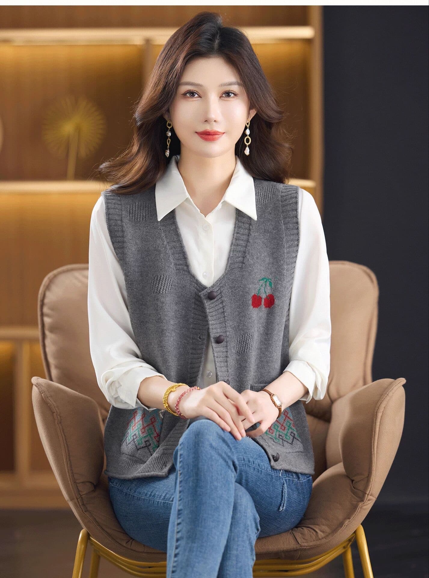 자카드 V넥 니트 베스트 오픈 가디건 여성 봄 가을 조끼 조끼 외부 가져 가라. 외국 가스 연령 감소 중년 어머니 드레스 재킷 상세 이미지 14