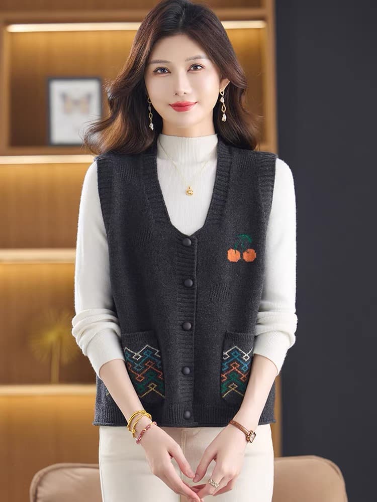 자카드 V넥 니트 베스트 오픈 가디건 여성 봄 가을 조끼 조끼 외부 가져 가라. 외국 가스 연령 감소 중년 어머니 드레스 재킷 상세 이미지 19