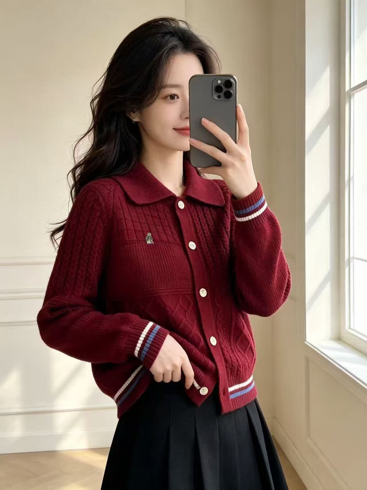 고유 한 아름다운 POLO 칼라 자카드 단일 행 골드 버클 스웨터 오픈 가디건 여성 가을 겨울철 새로운 니트 맨위 이미지 4
