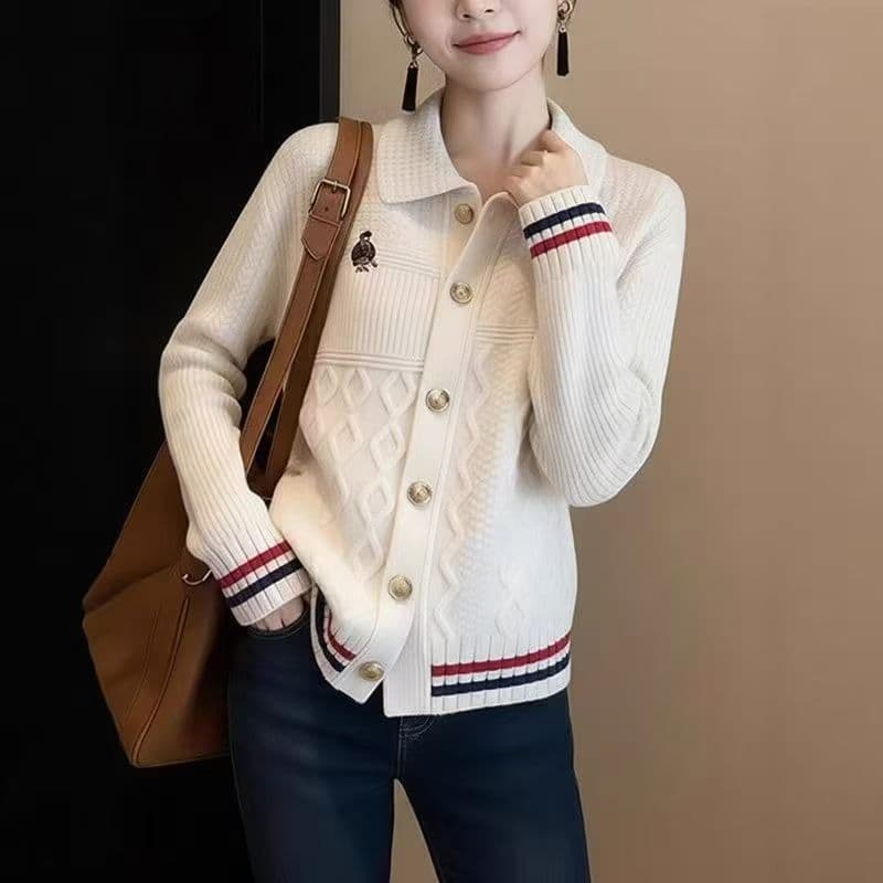 고유 한 아름다운 POLO 칼라 자카드 단일 행 골드 버클 스웨터 오픈 가디건 여성 가을 겨울철 새로운 니트 맨위 상세 이미지 5