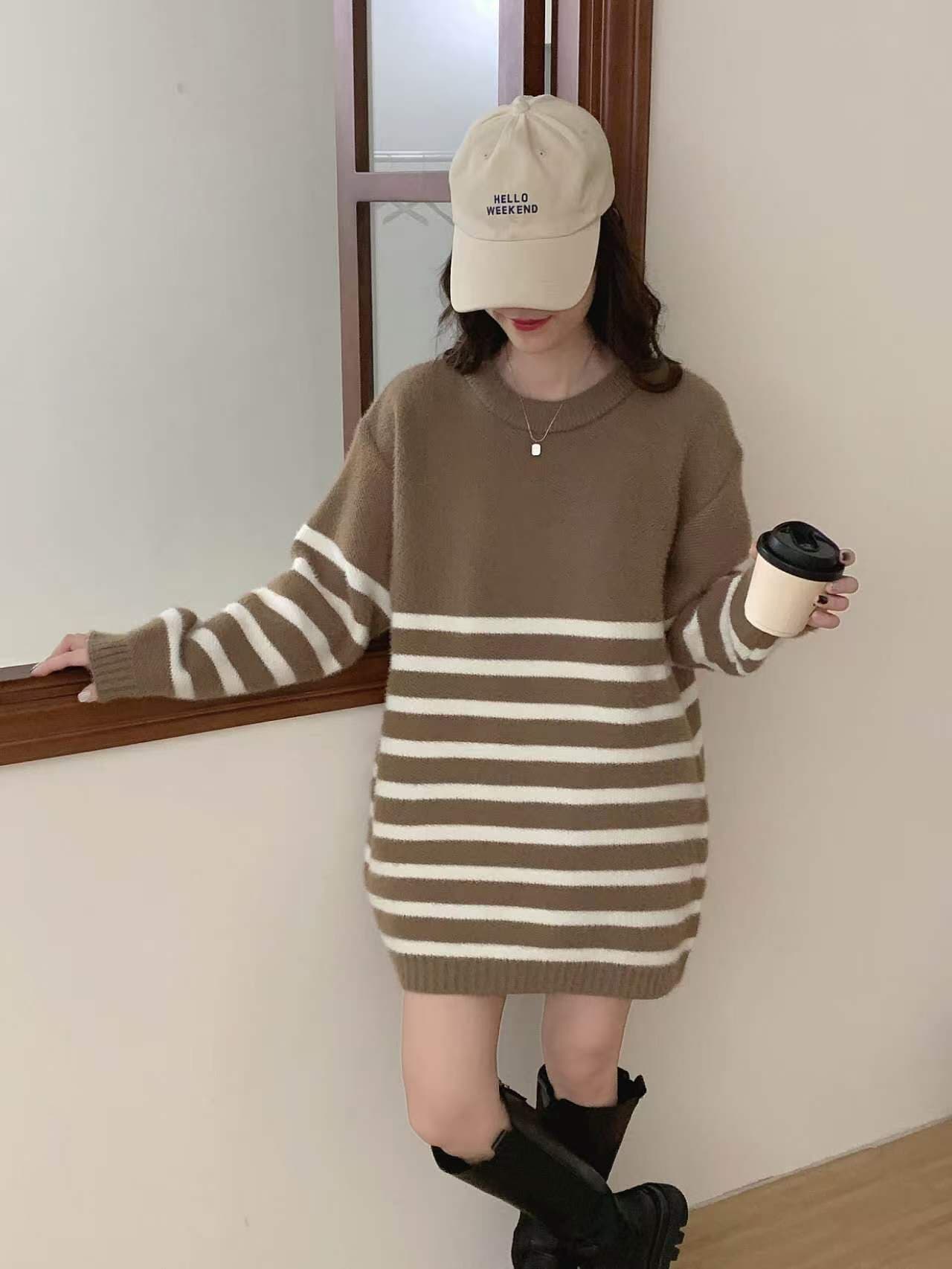 캐주얼 다용도 가을 겨울 긴팔 라운드 넥 스트라이프 니트 풀오버 스웨터 드레스 이미지 3
