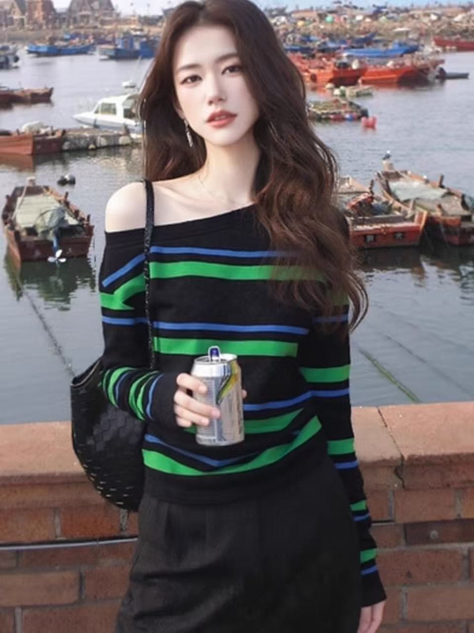 고유 한 슈퍼 잘 생긴 맨위 한 부서 느긋한 바람 느슨함 센스 작은 대중 아니요 명중 섹션 비스듬한 어깨 스트라이프 티셔츠 니트 스웨터 가을 상세 이미지 2