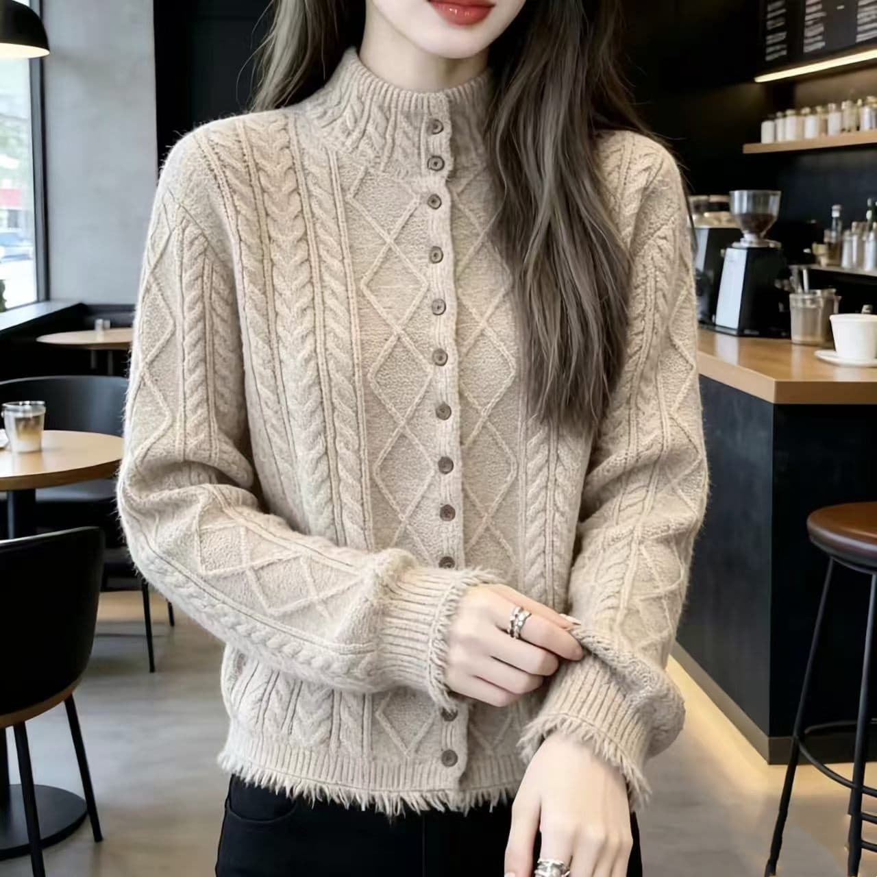 한 부서 레트로 회색 싱글 줄 버튼 반하이넥 트위스트 꽃 스웨터 여자 가을 겨울 느긋한 센스 몸매 가꾸기 쇼트 스타일 니트 맨위