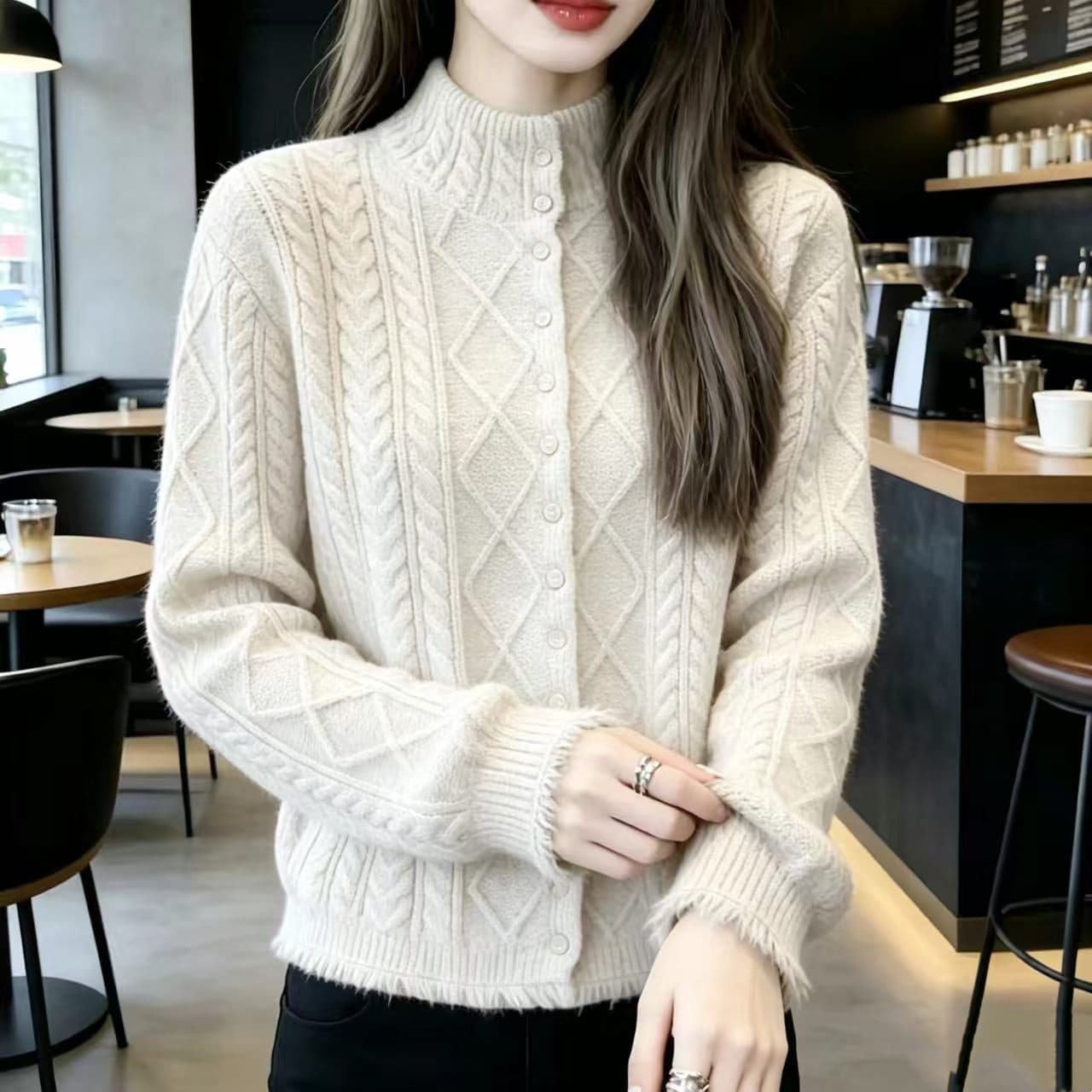 한 부서 레트로 회색 싱글 줄 버튼 반하이넥 트위스트 꽃 스웨터 여자 가을 겨울 느긋한 센스 몸매 가꾸기 쇼트 스타일 니트 맨위 상세 이미지 4