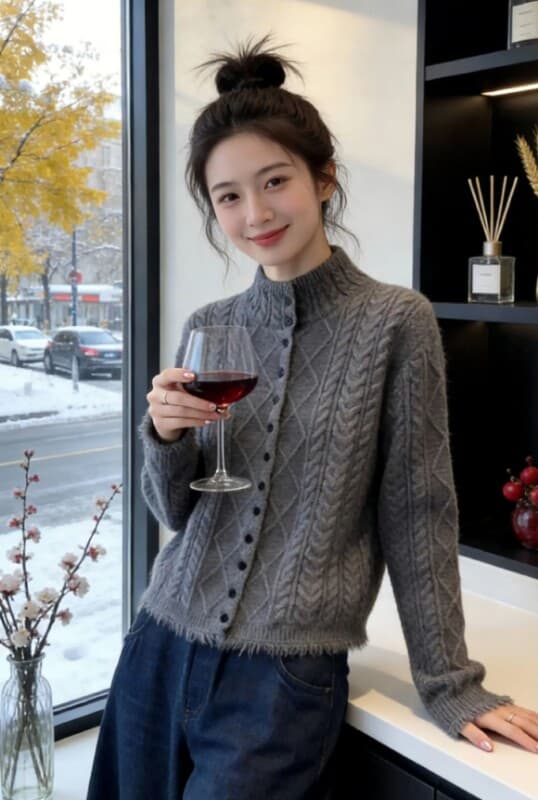 한 부서 레트로 회색 싱글 줄 버튼 반하이넥 트위스트 꽃 스웨터 여자 가을 겨울 느긋한 센스 몸매 가꾸기 쇼트 스타일 니트 맨위 상세 이미지 10