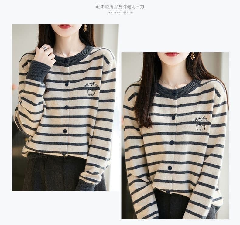 여성 라운드 넥 니트 오픈 가디건 가을 겨울 새로운 슈퍼 잘 생긴 루즈핏 외부 가져 가라. 쇼트 스타일 스트라이프 재킷 상세 이미지 11