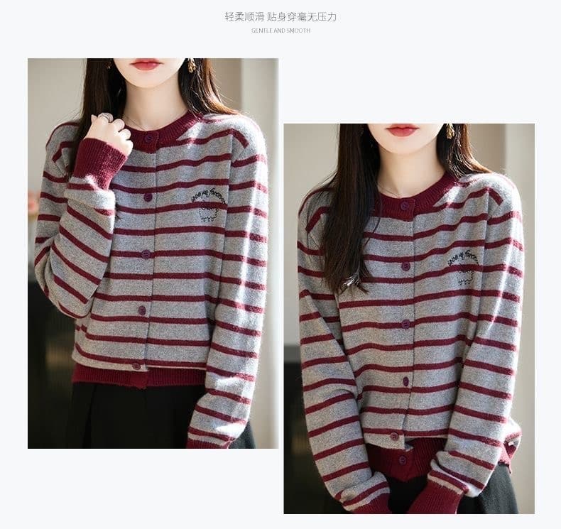 여성 라운드 넥 니트 오픈 가디건 가을 겨울 새로운 슈퍼 잘 생긴 루즈핏 외부 가져 가라. 쇼트 스타일 스트라이프 재킷 상세 이미지 13