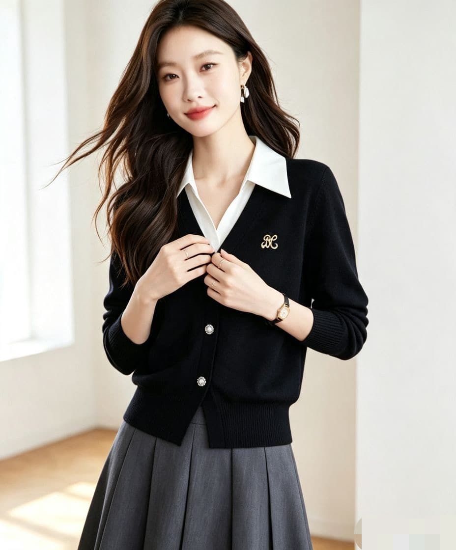 작은 샤넬 스타일 페이크 레이어드 폴로 칼라 긴팔 패치워크 색상 니트 스웨터 여성 가을 새로운 디자인 센스 시간 스웨터 여자 상세 이미지 5