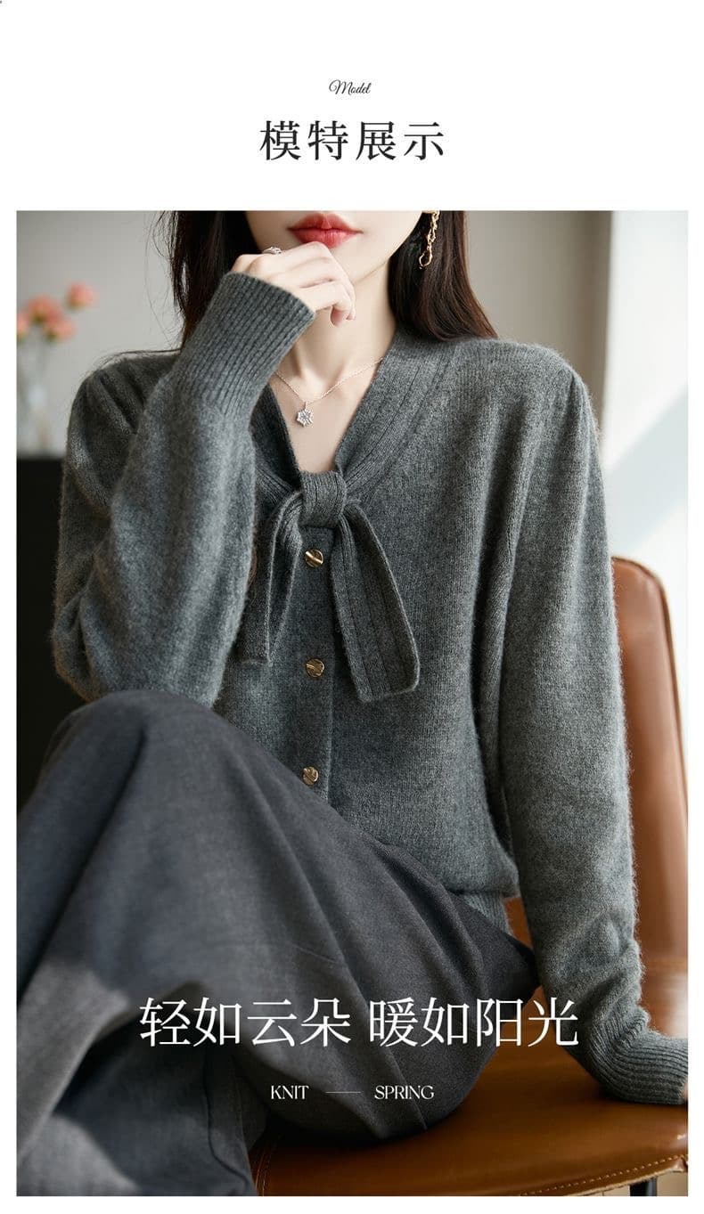 2026 가을 겨울 새로운 한 부서 스탠드 칼라 레이스업 단색 루즈핏 긴팔 니트 오픈 가디건 여성 작은 키 스웨터 코트 상세 이미지 14