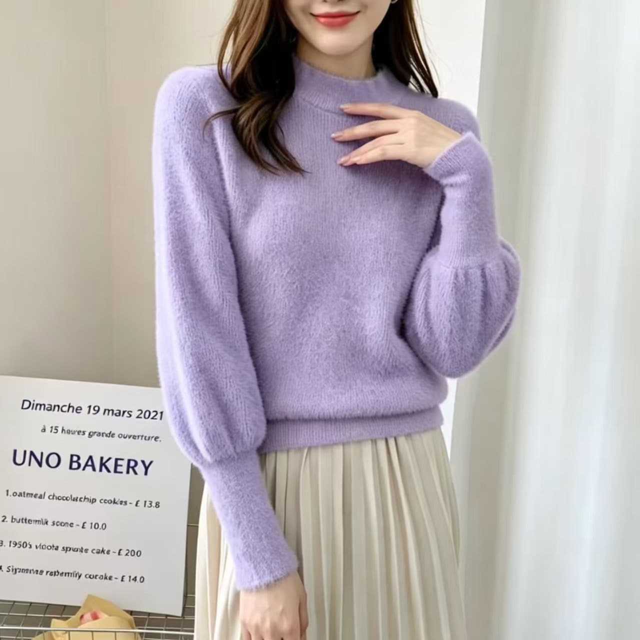 반하이넥 모방 밍크 플리스 스웨터 여자 새로운 다용도 몸매 가꾸기 인사이드 가져 가라. 벌룬 소매 맨위 이미지 2