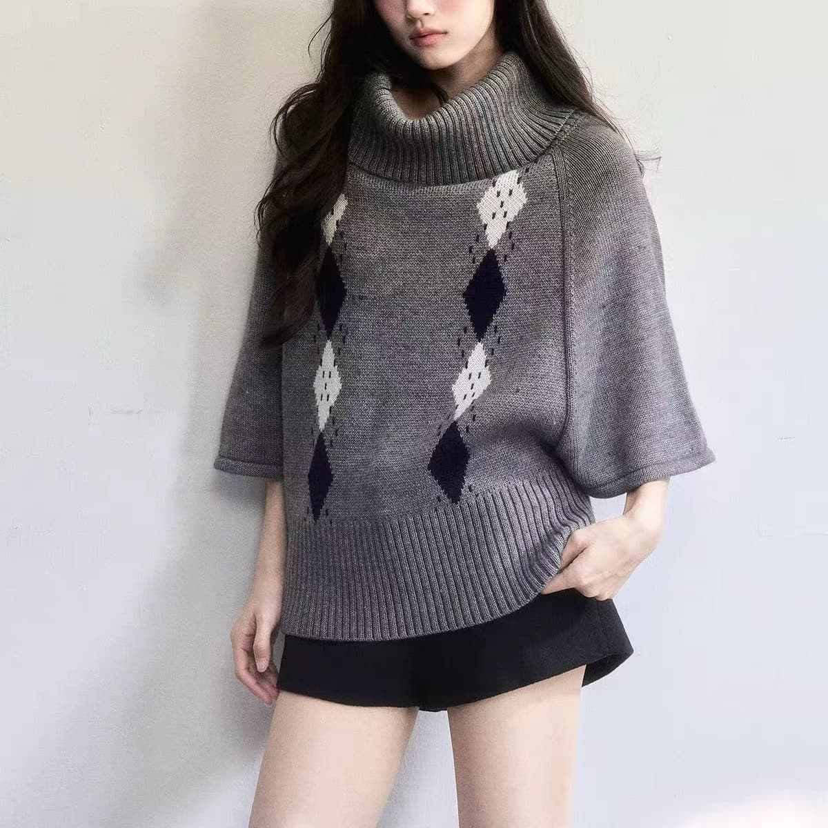 레트로 링 그리드 터틀넥 망토 디자인 루즈핏 다용도 풀오버
