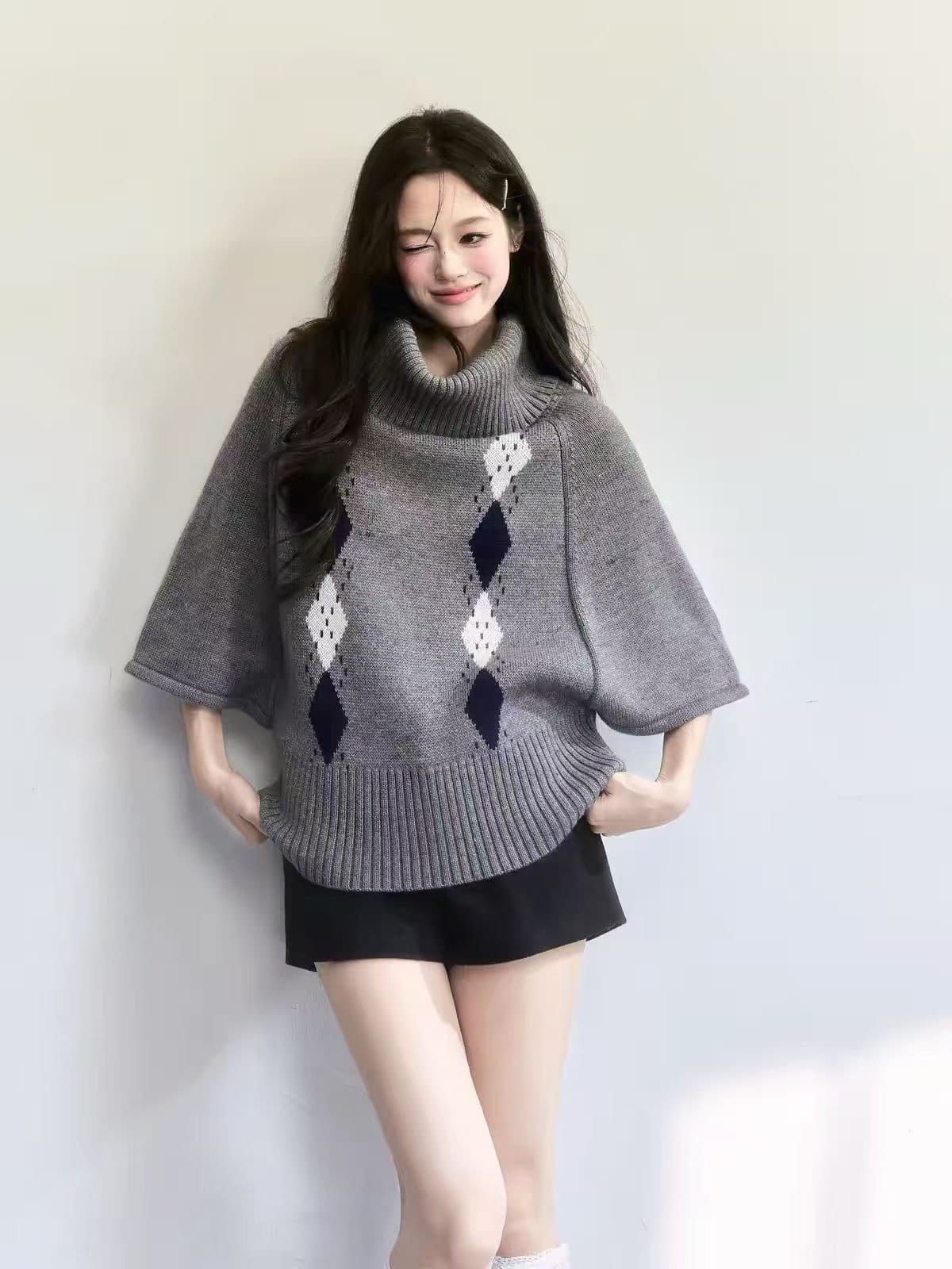 레트로 링 그리드 터틀넥 망토 디자인 루즈핏 다용도 풀오버 상세 이미지 5