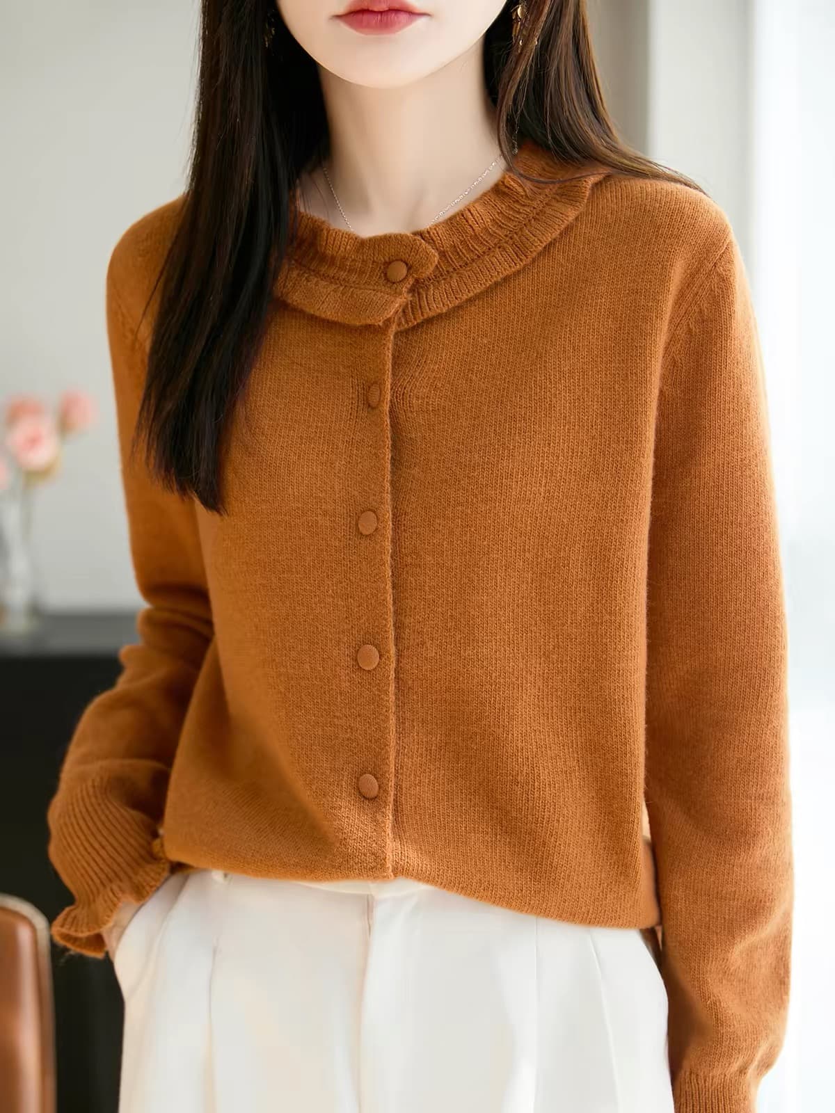 지방 mm 가을 겨울 빅 사이즈 프릴 여성 스웨터 표지 배 슬림해 보이는 맨위 인사이드 가져 가라. 수 있습니다. 외출용 니트 기본 셔츠 상세 이미지 1