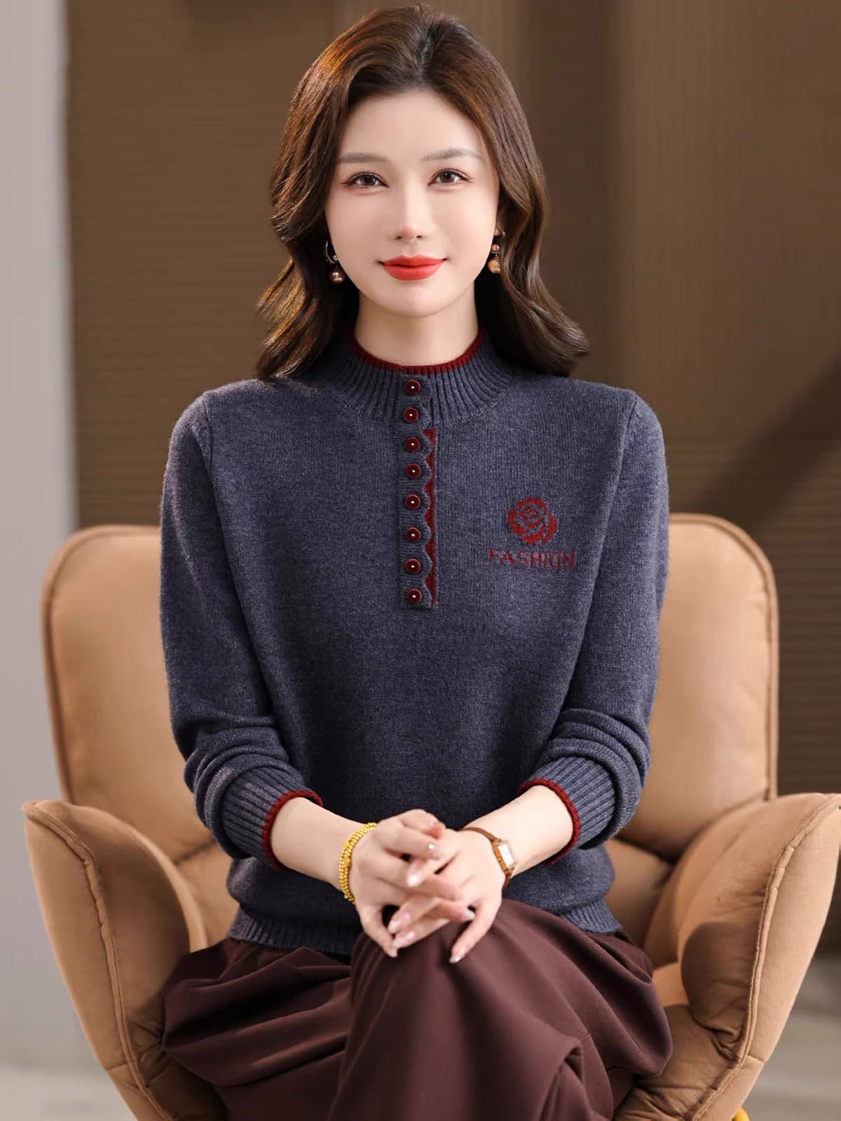 중년 엄마 겨울 새로운 반하이넥 스웨터 여자 루즈핏 XL 니트 맨위 외국 가스 양모 기본 셔츠