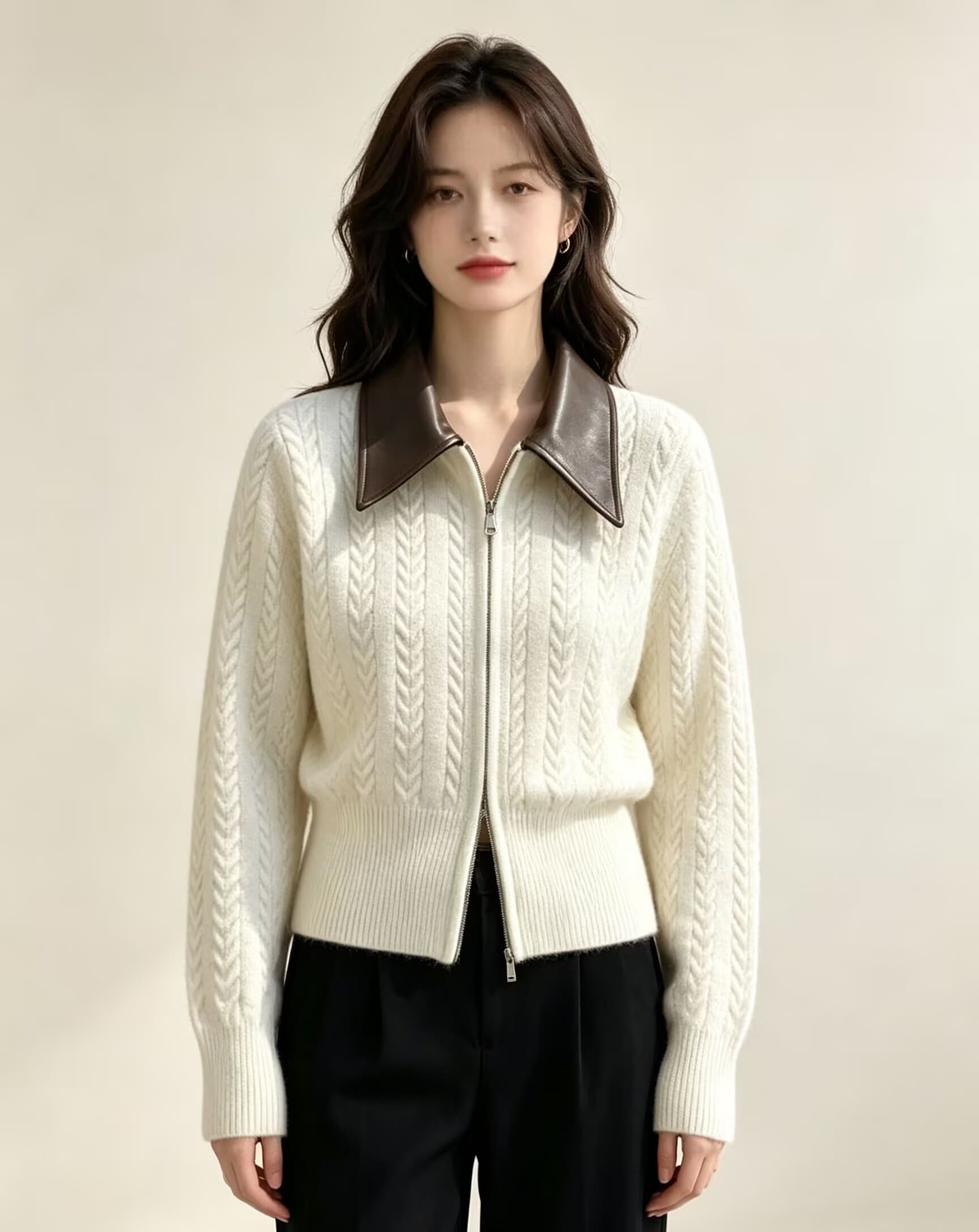 빅 사이즈 여성 의류 polo 가죽 고리 패치워크 니트 오픈 가디건 여성 루즈핏 다용도 캐주얼 재킷 슬림해 보이는 트렌디 이미지 2