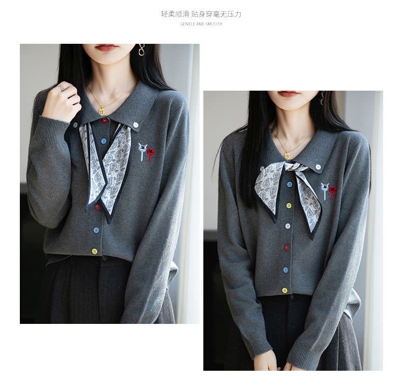 이른 가을 색상 버클 자수 스카프 니트 카디건 코트 새로운 봄 가을 외부 가져 가라. 외국 가스 빅 사이즈 여성 의류 맨위 상세 이미지 12