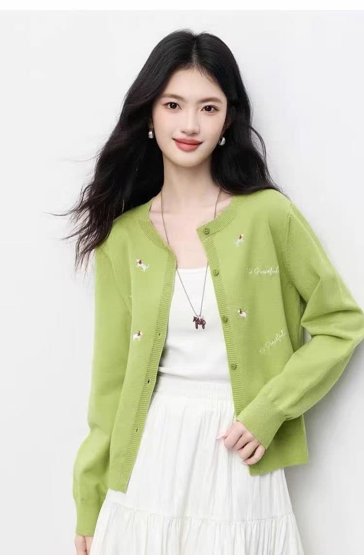 새끼 고양이 자수 털 니트 스웨터 여성 가을 봄 새로운 긴팔 라운드 넥 신선함 녹색 오픈 가디건 맨위 상세 이미지 6