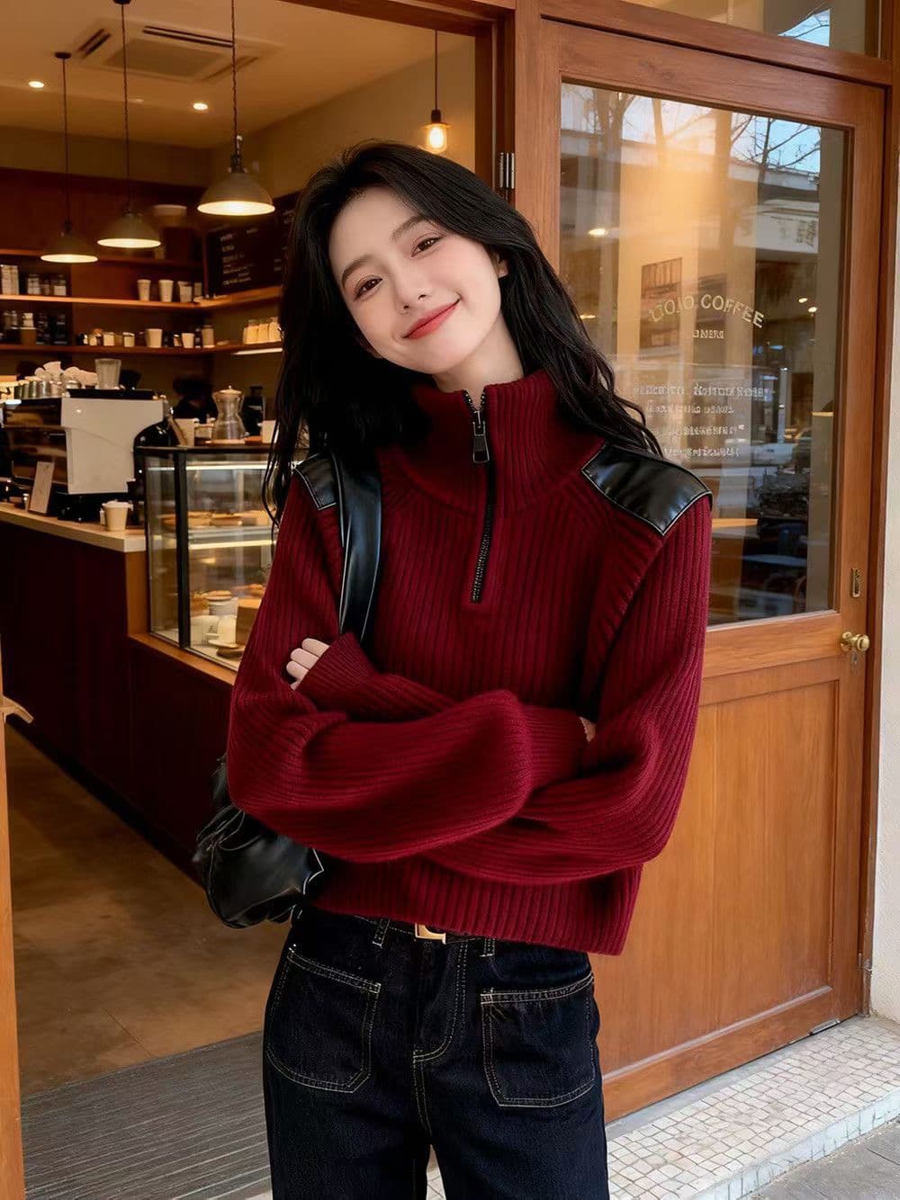 유럽과 미국 레트로 어깨 싸움 가죽 하프 지퍼 터틀넥 스웨터 여자 가을 겨울 루즈핏 수직 곡물 구덩이 기사 부드러운 찹쌀 니트 맨위 상세 이미지 4