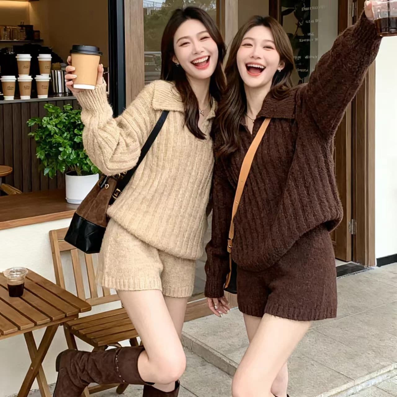 가을 겨울 인터넷 색상 품격 폴로 칼라 다용도 풀오버 참나무 늑골 하이웨이스트 반바지 세트