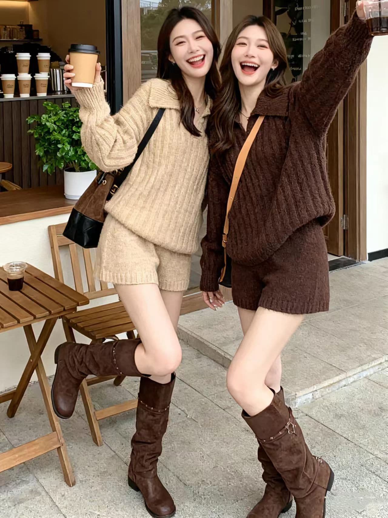 가을 겨울 인터넷 색상 품격 폴로 칼라 다용도 풀오버 참나무 늑골 하이웨이스트 반바지 세트 상세 이미지 5