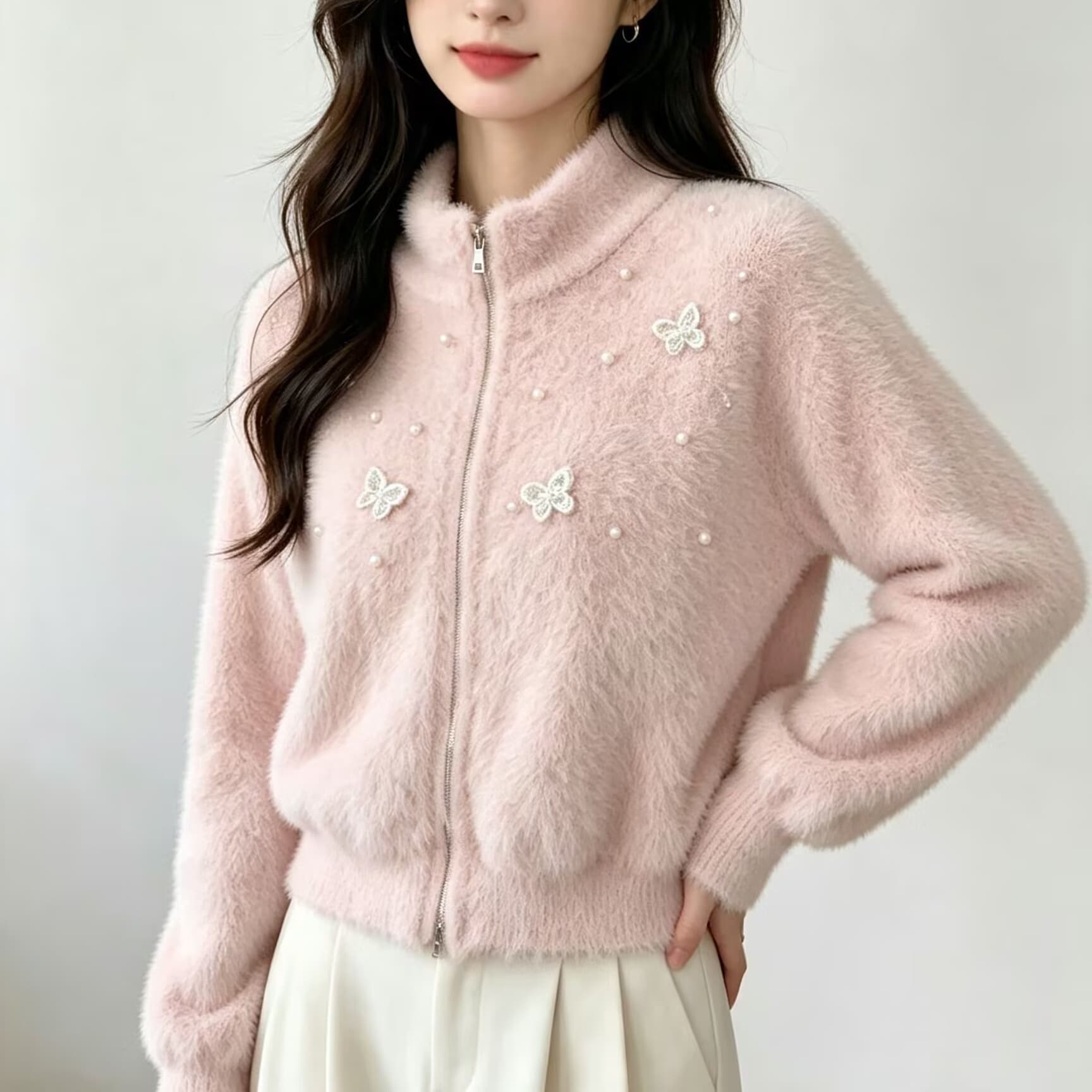 나비 비즈 박기 수달 털 라운드 넥 긴팔 니트 오픈 가디건 가을 겨울 프랑스식 작은 대중 연령 감소 쇼트 스타일 스웨터 코트 이미지 5