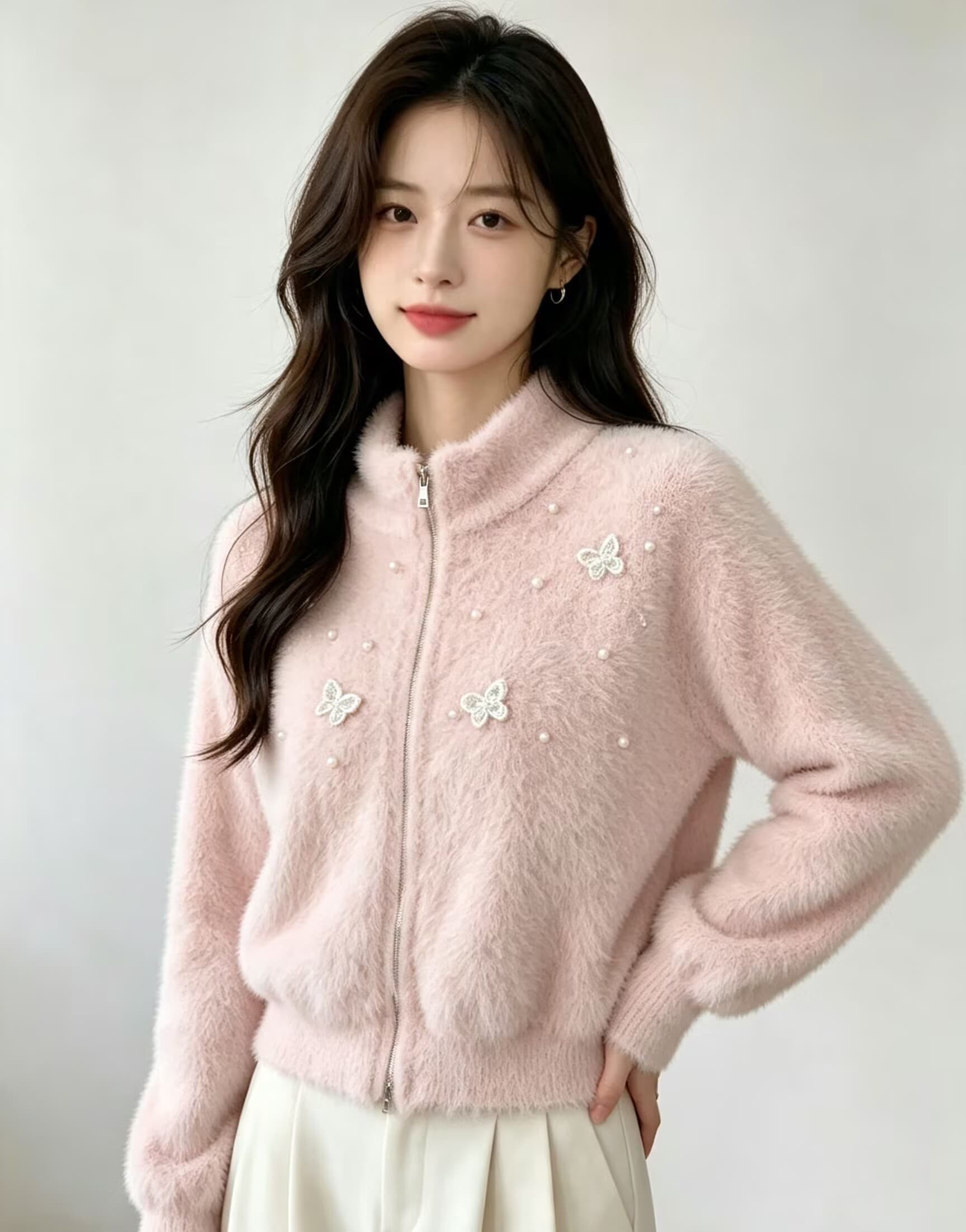 나비 비즈 박기 수달 털 라운드 넥 긴팔 니트 오픈 가디건 가을 겨울 프랑스식 작은 대중 연령 감소 쇼트 스타일 스웨터 코트 상세 이미지 9