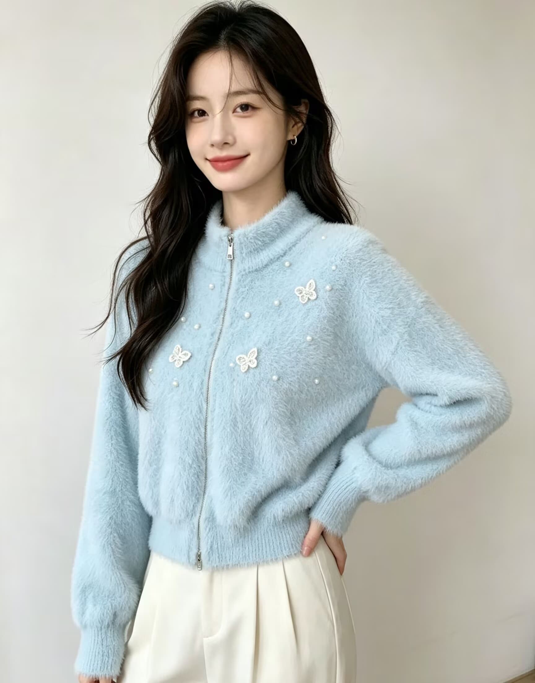 나비 비즈 박기 수달 털 라운드 넥 긴팔 니트 오픈 가디건 가을 겨울 프랑스식 작은 대중 연령 감소 쇼트 스타일 스웨터 코트 상세 이미지 11