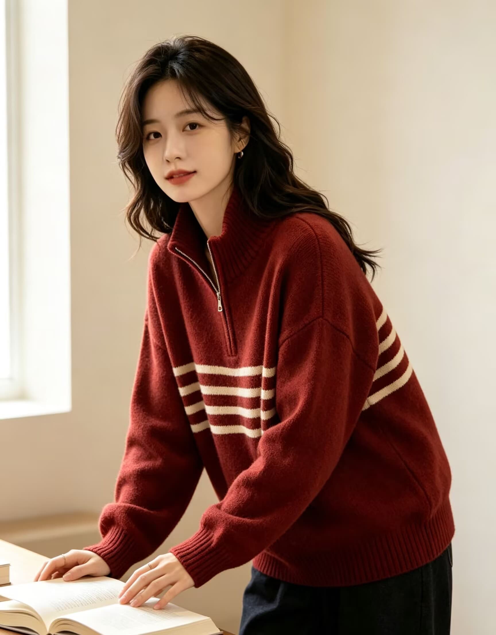 두꺼운 하프 지퍼 스트라이프 여성 스웨터 여자 2026 새로운 폭발 기본 셔츠 여성 가을 겨울철 외국 가스 인사이드 가져 가라. 이미지 4