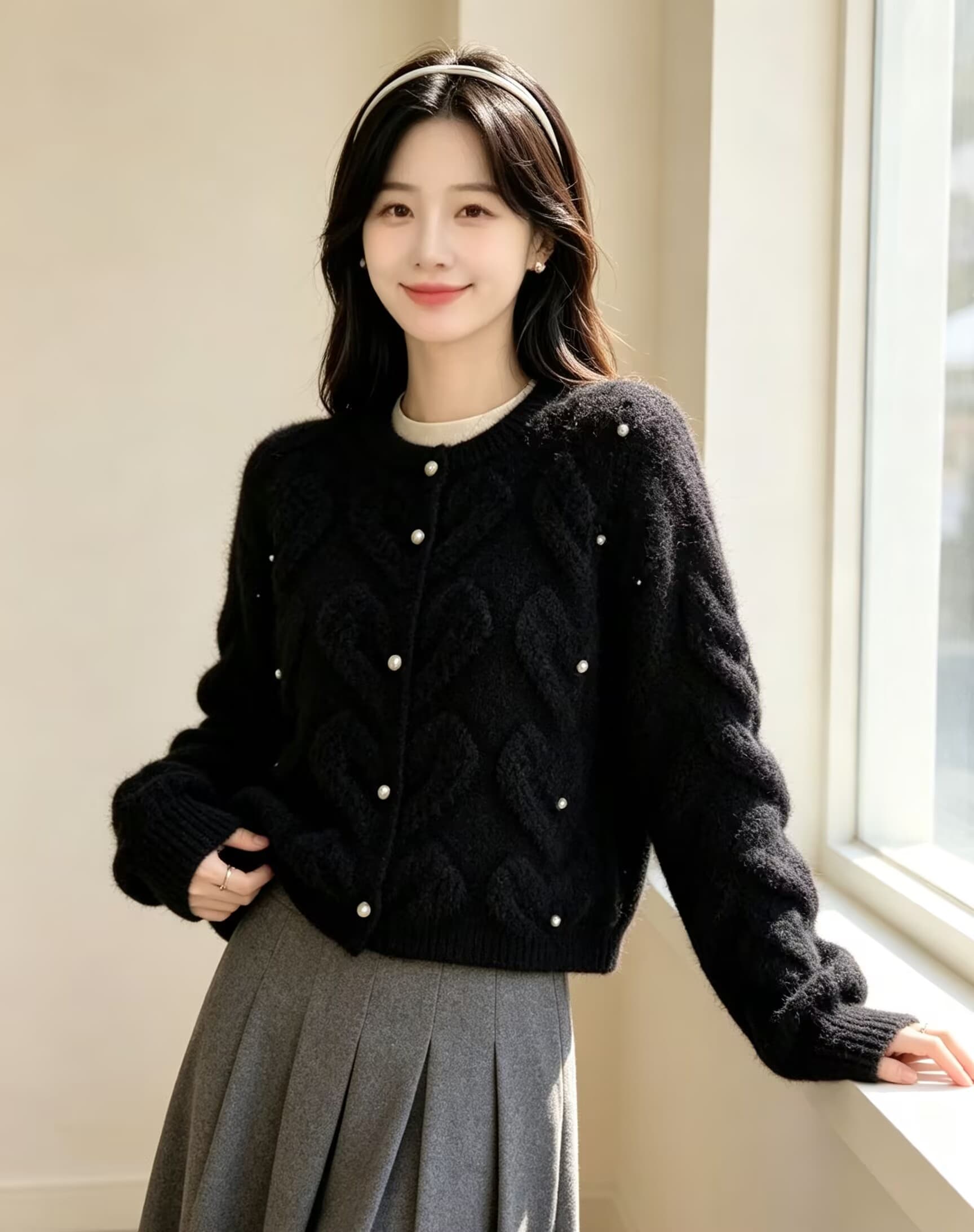 부드러운 바람 달콤함 비즈 박기 플리스 니트 오픈 가디건 여성 가을 겨울 새로운 외국 가스 연령 감소 슬림해 보이는 스웨터 코트 상세 이미지 4