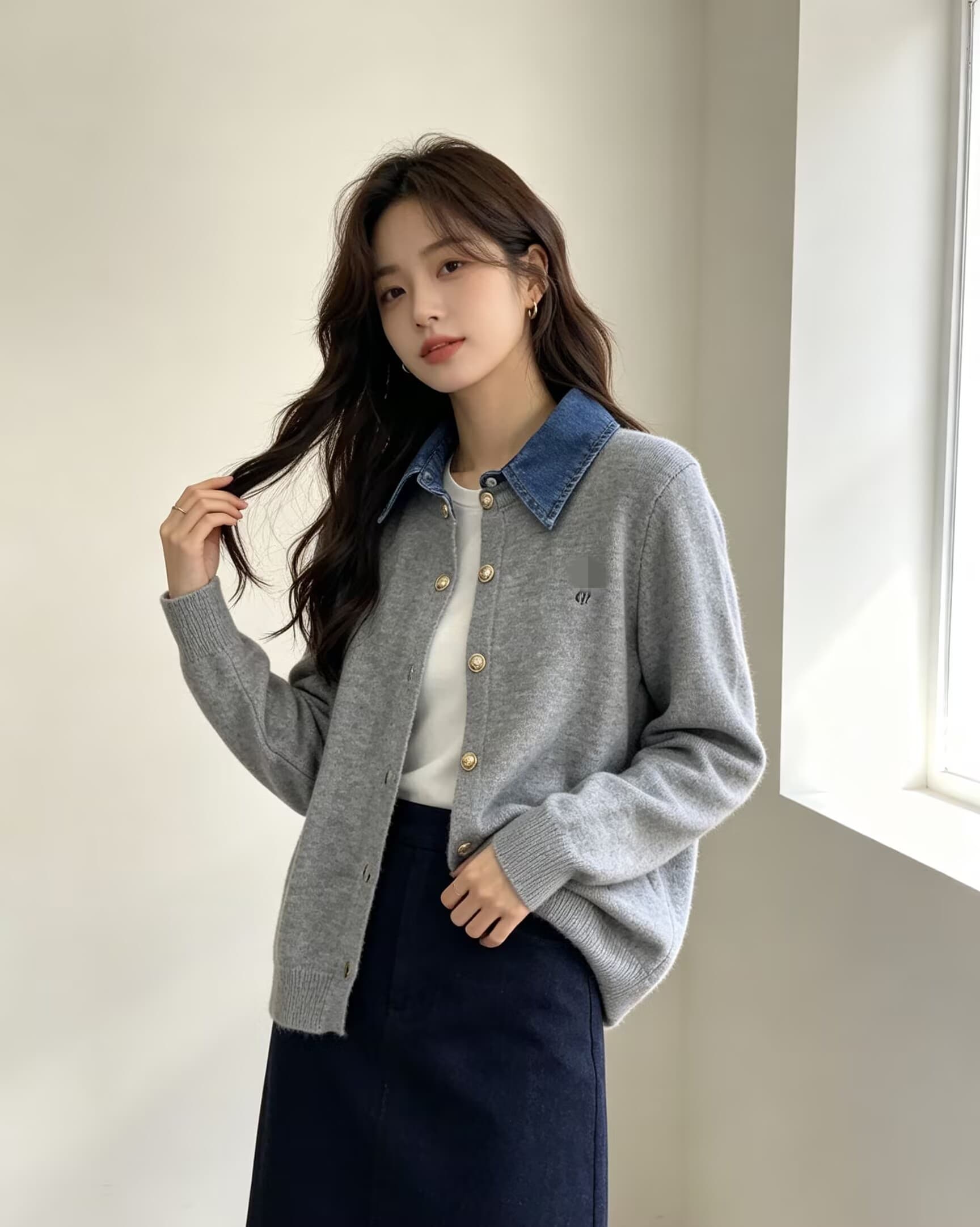 가을 겨울 작은 말 자수 캐주얼 바람 데님 폴로 칼라 페이크 레이어드 니트 스웨터 여성 패션 품격 다용도 긴팔 상세 이미지 2